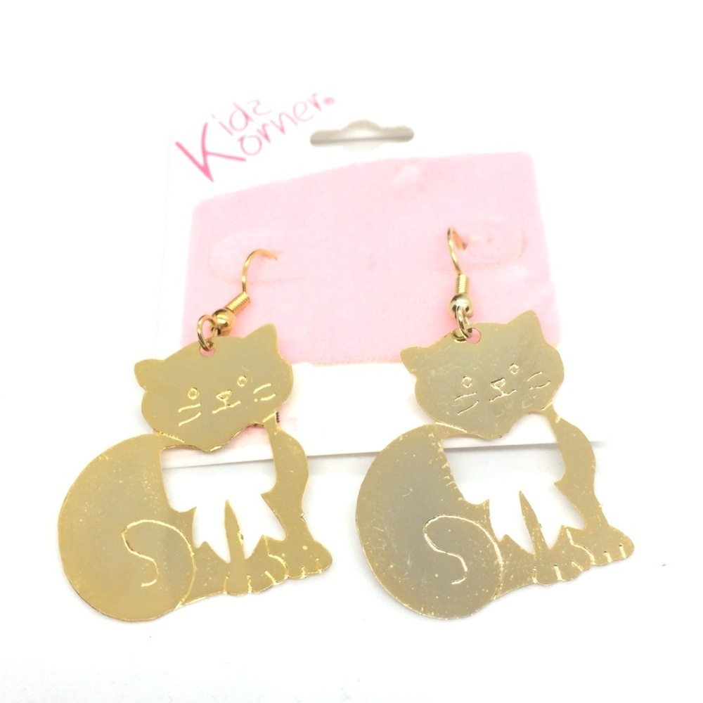 3/$30 VINTAGE 80S GOLD TONE KITTY CAT KITTEN EARRINGS BOW CUT OUT DEADSTOCK